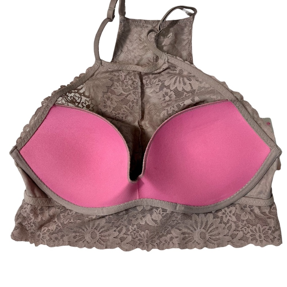 PINK VS Bralette Padded Mauve Lace High Neck Sz S - Picture 4 of 7